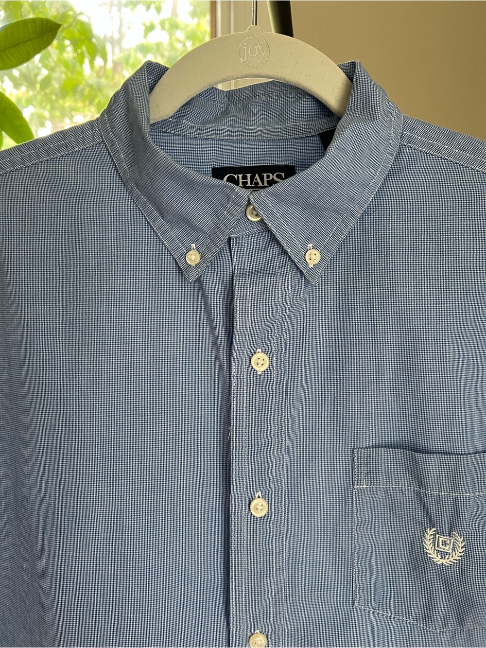Chaps Men’s Blue Short Sleeve Button-Down Casual Crest Logo Shirt Size M
